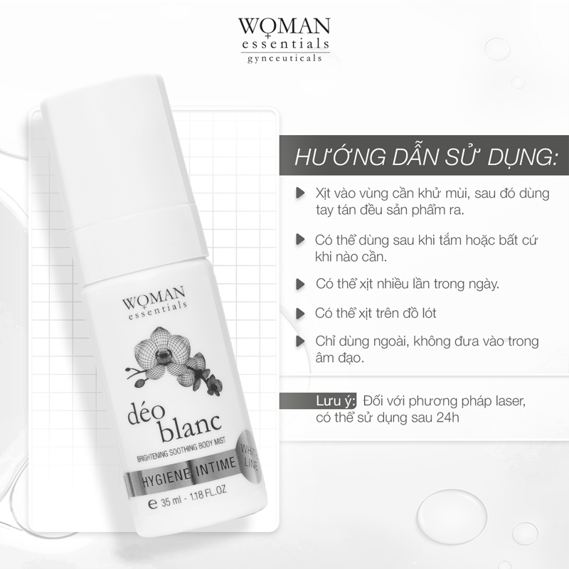Xịt khử mùi, làm dịu và dưỡng trắng vùng kín Woman Essentials déo blanc 35ml
