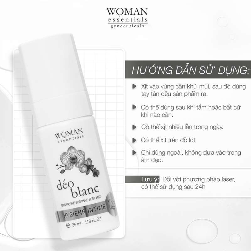 Xịt khử mùi, làm dịu và dưỡng trắng vùng kín Woman Essentials déo blanc 35ml